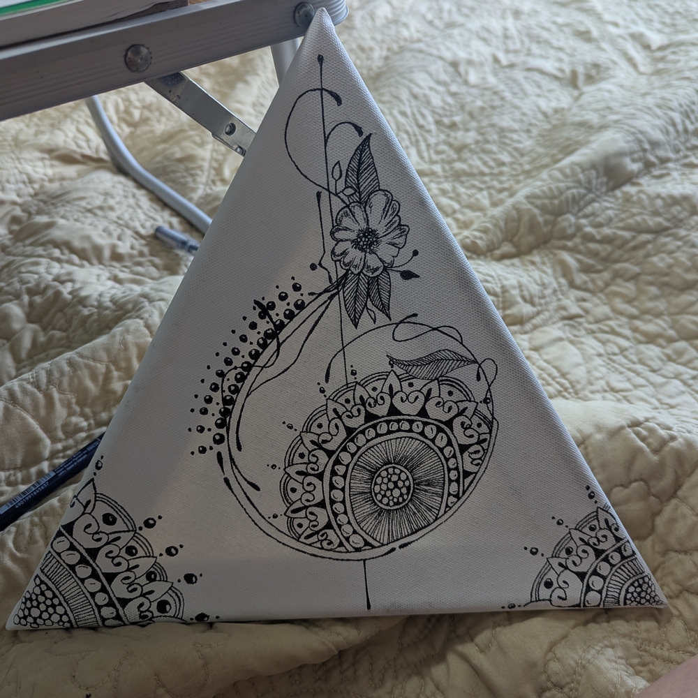 Triangular Canvas with Black Floral Mandala
